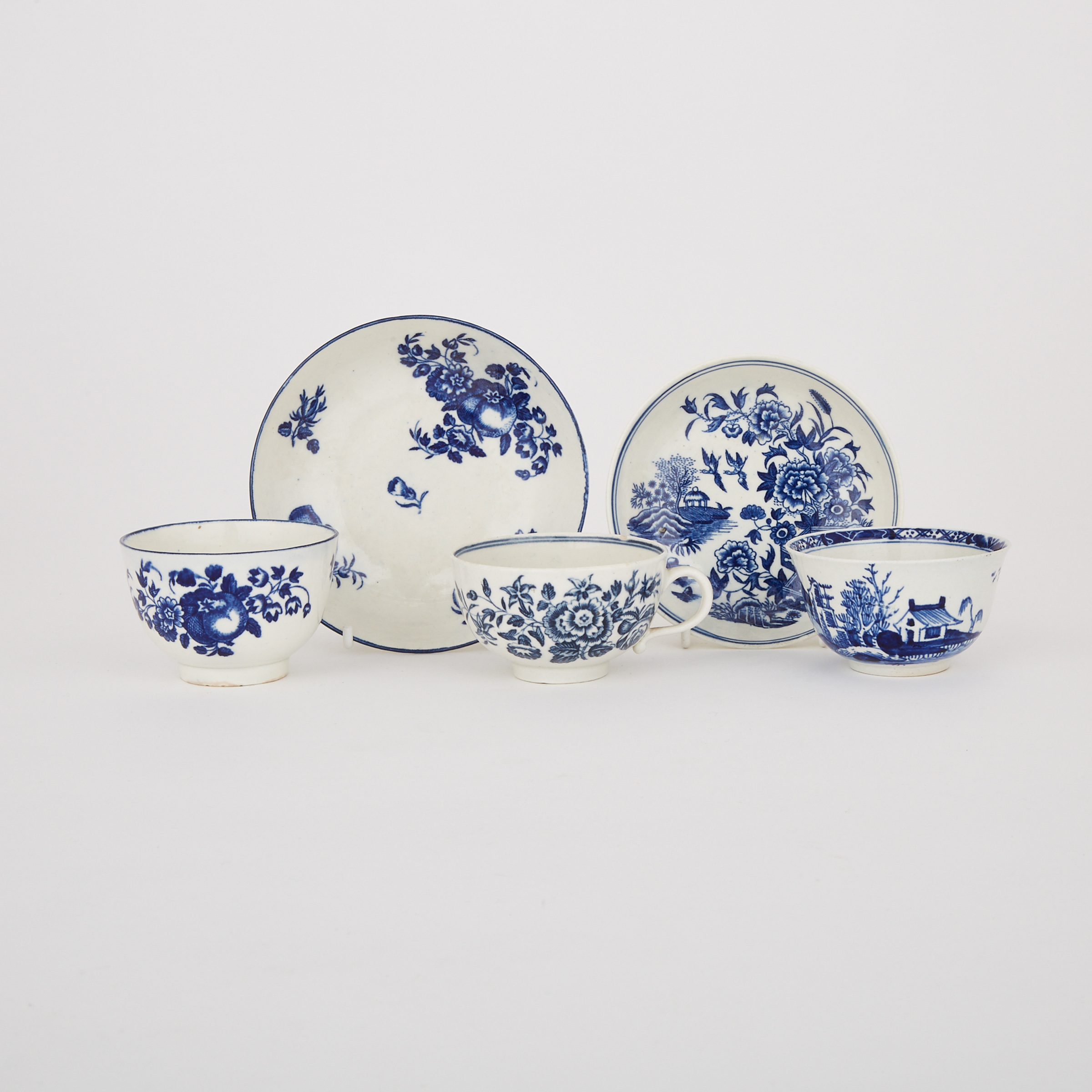 Worcester Blue Printed Tea Bowl and Saucer, Cup with a Saucer, and a Vauxhall Tea Bowl, c.1760-80