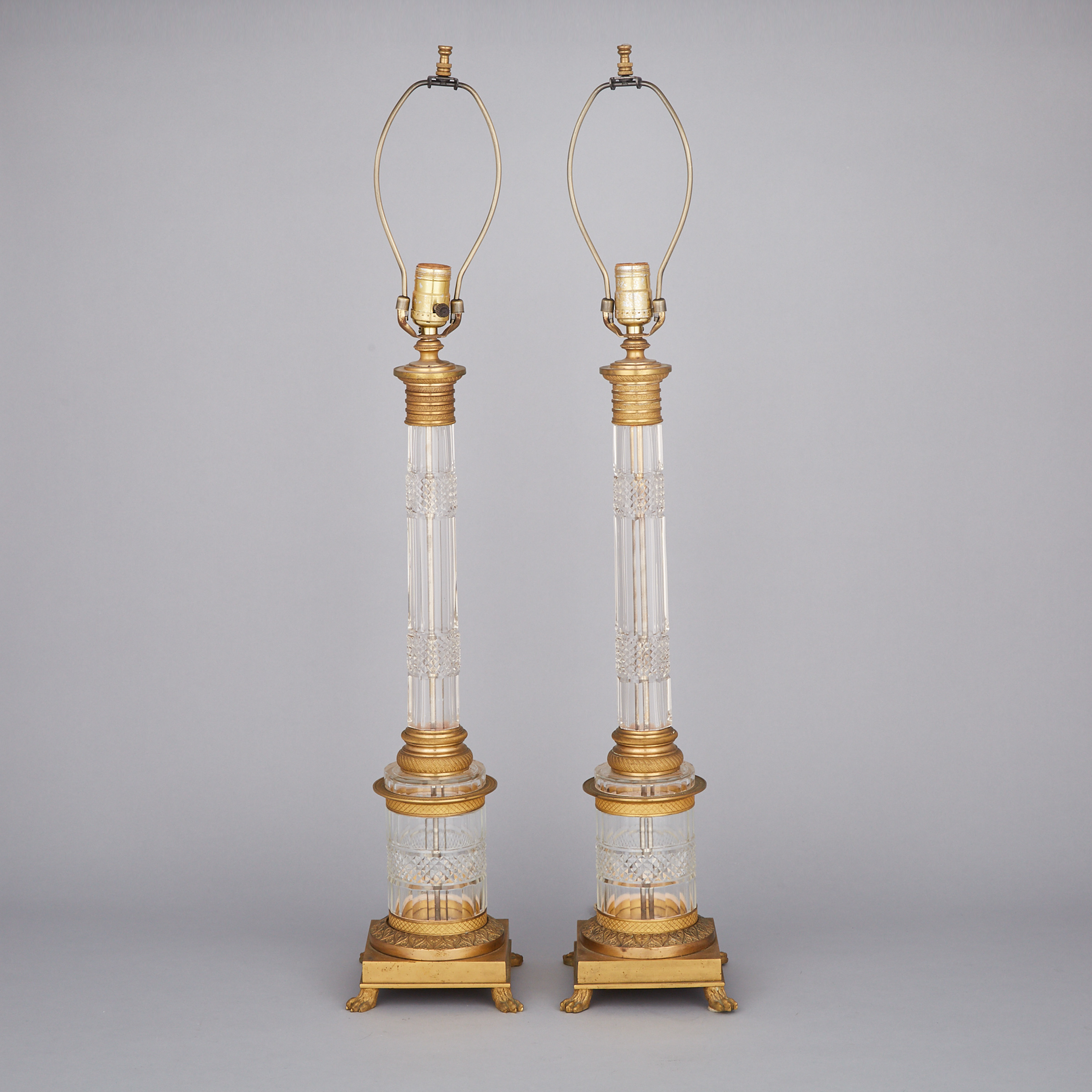 Pair of Austrian Ormolu Mounted Cut Glass Column Form Table Lamps, early 20th century