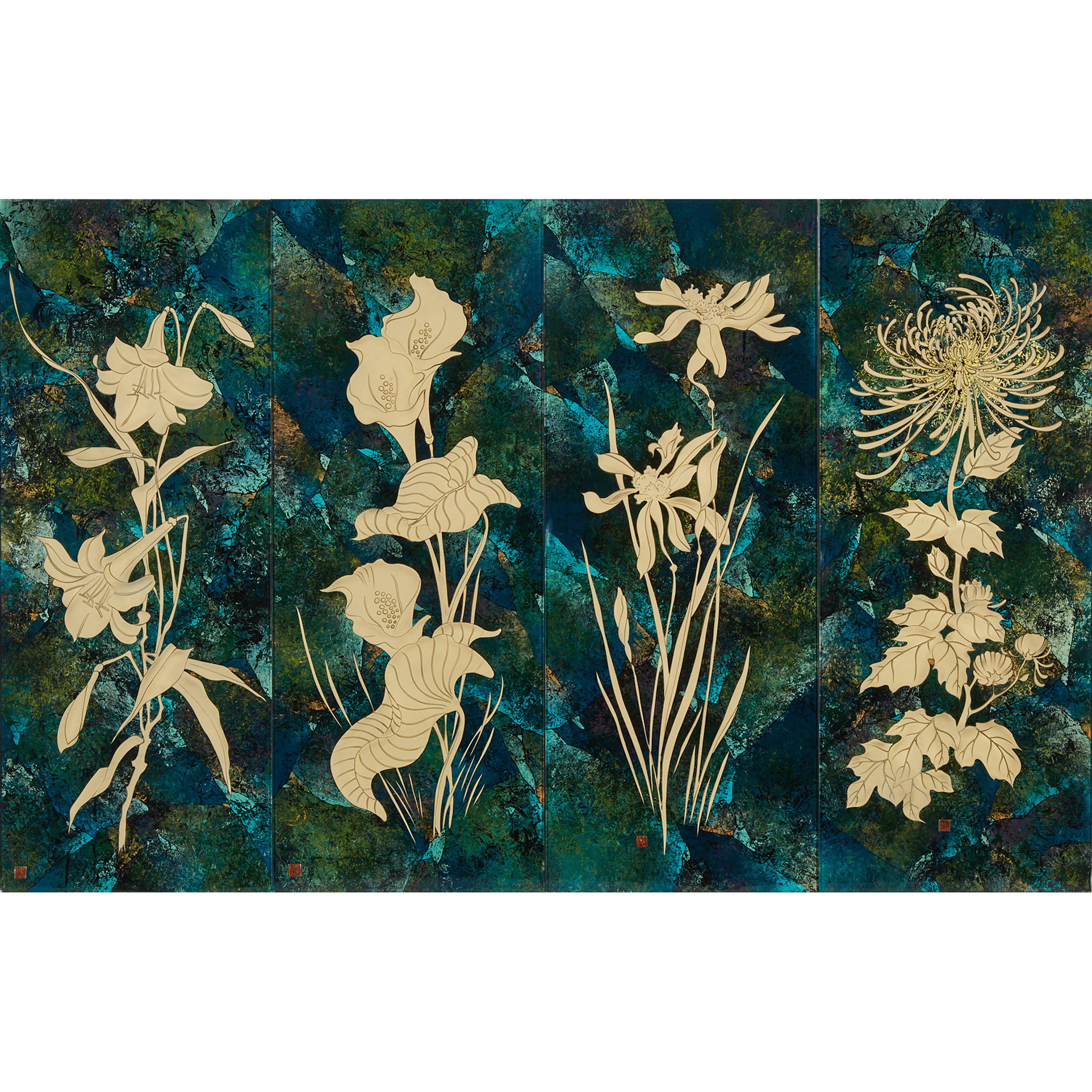 Set of Four Italian Gilt Glass Intaglio Floral Panels, mid 20th century