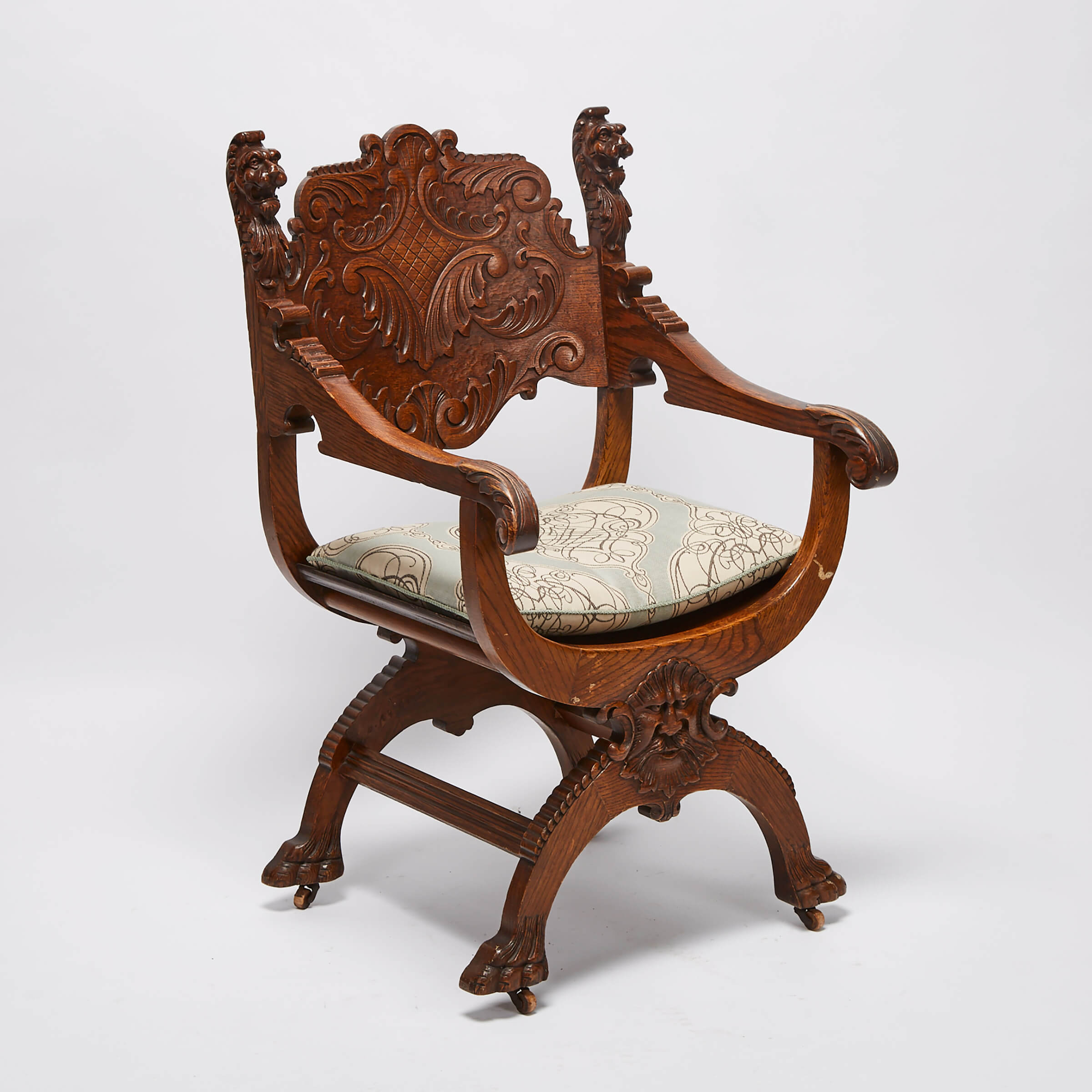 Victorian Carved Oak Savonarola Chair, c.1900
