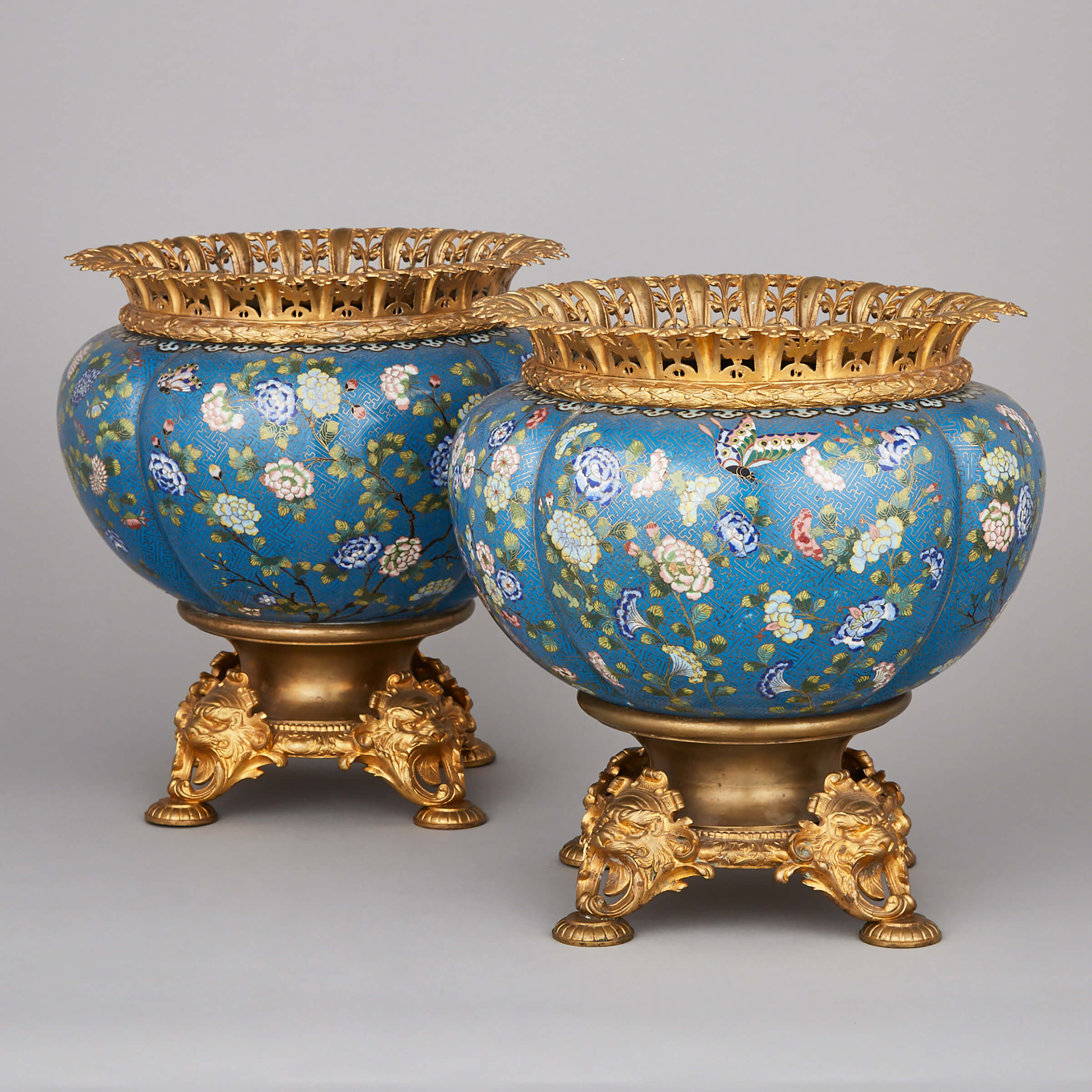 Pair of French Japonisme Ormolu Mounted Cloisonné Enamelled Jardinieres, late 19th century