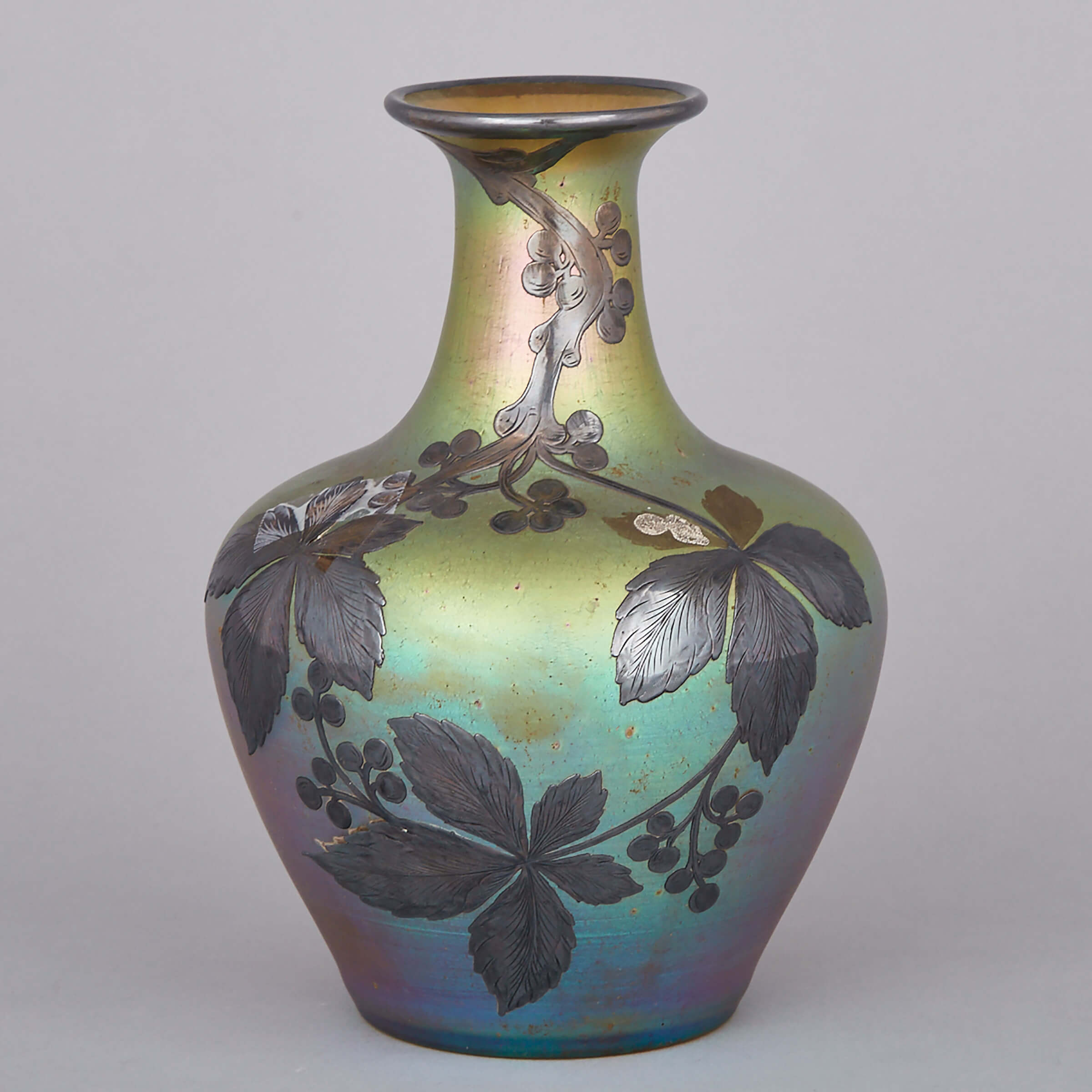 American Engraved Silver Overlaid Iridescent Glass Vase, early 20th century