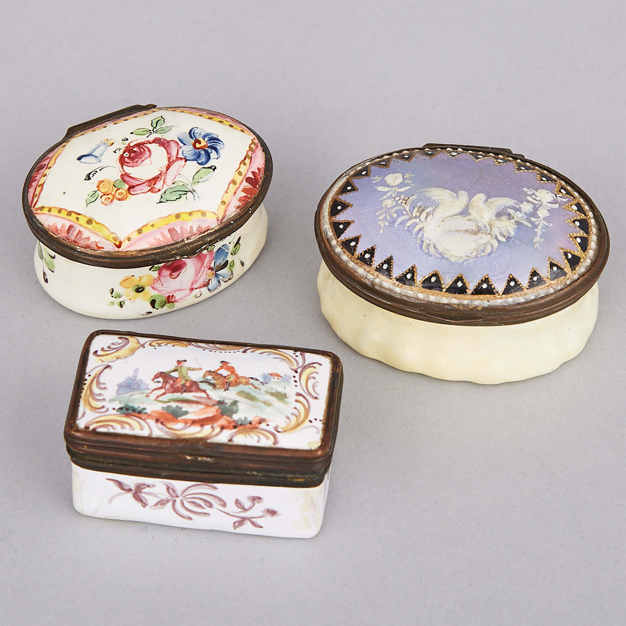 Two Battersea Enamel Snuff Boxes and a Patch Box, 18th/19th century