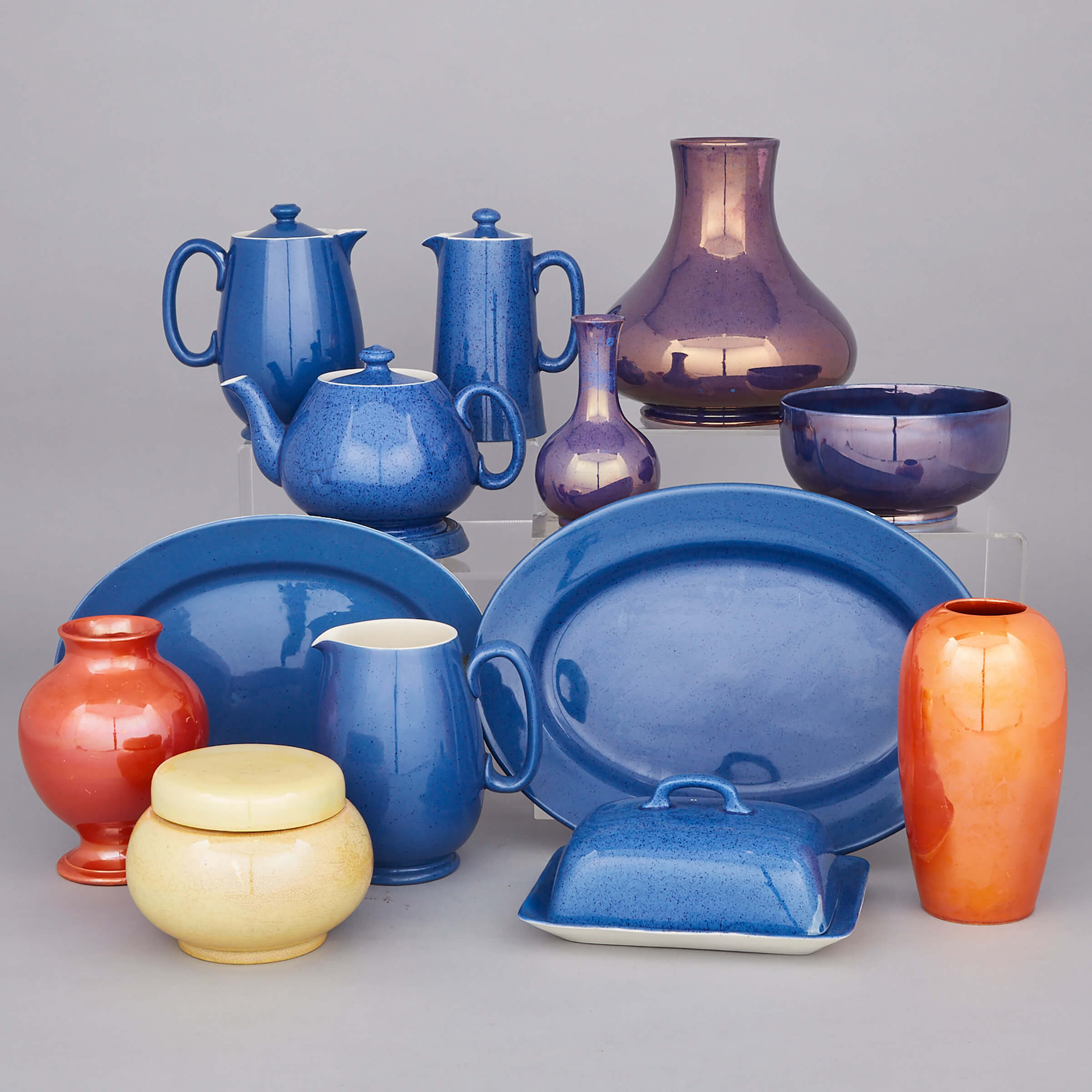 Group of Seven Moorcroft Powder Blue Articles, Four Lustre Vases, a Bowl and Covered Jar, c.1914-35