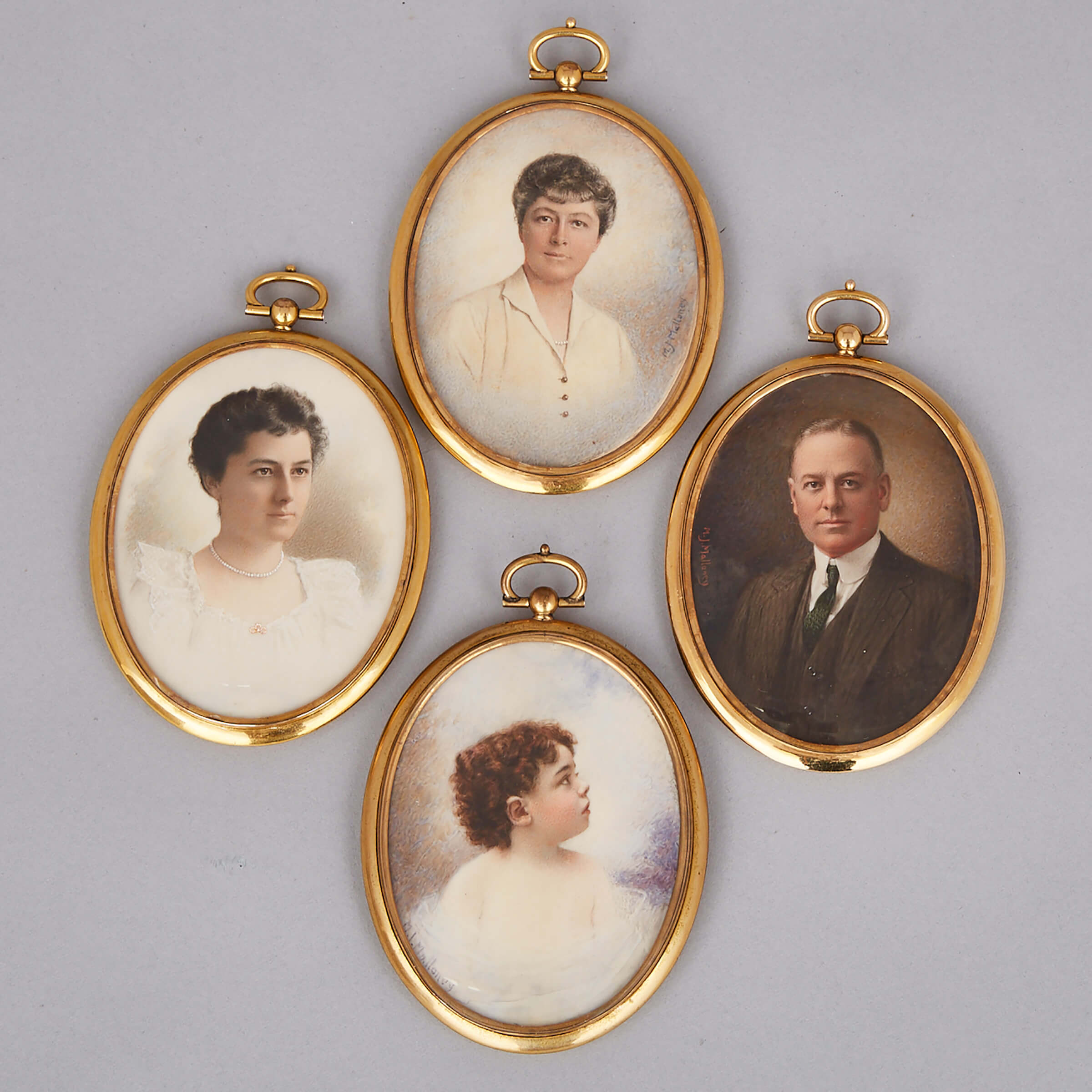 Set of Four Edwardian Family Portrait Miniatures on Ivory, M.J. Malloney, Boston, MA., c.1905