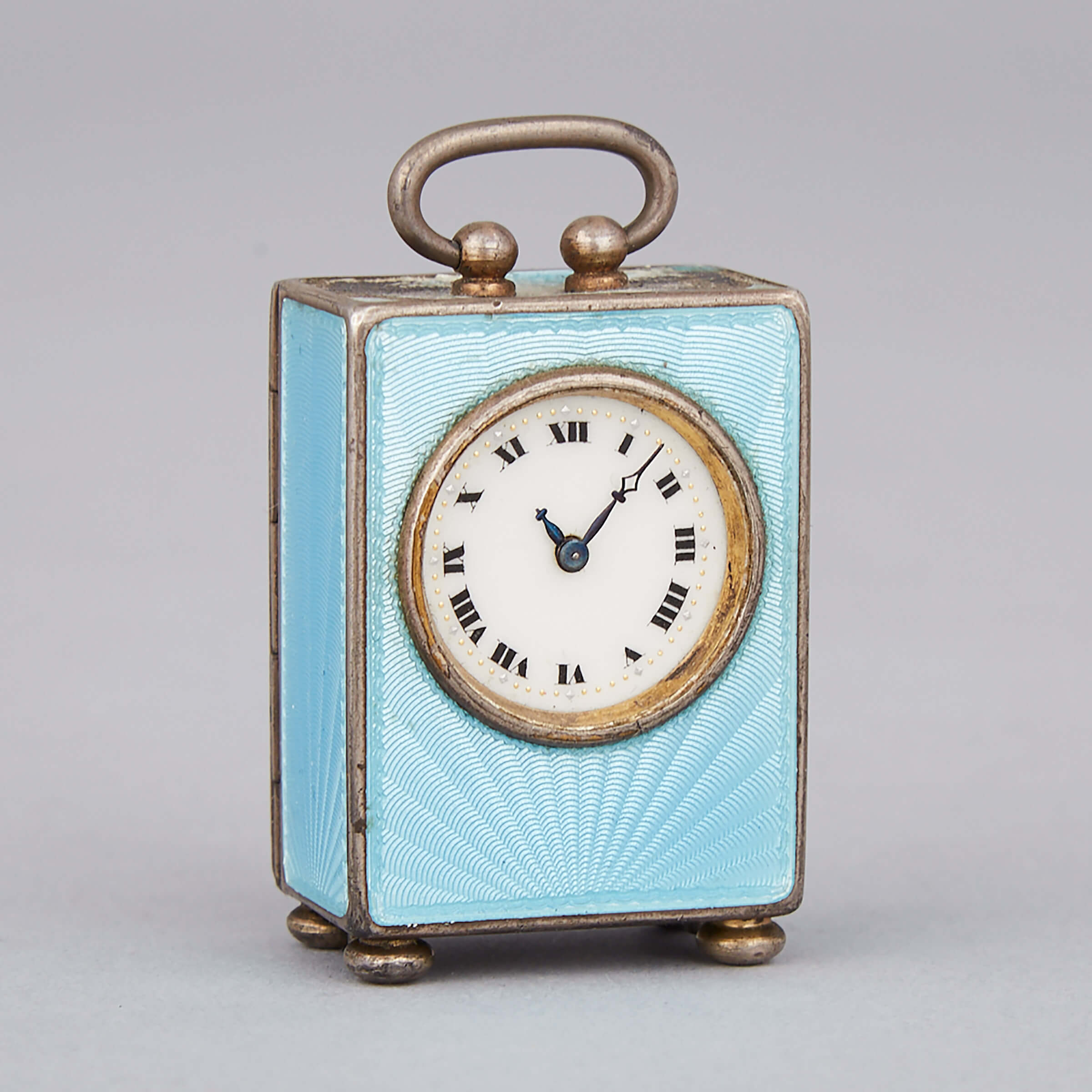 Miniature Swiss Guilloché Enamelled Silver Clock, early 20th century