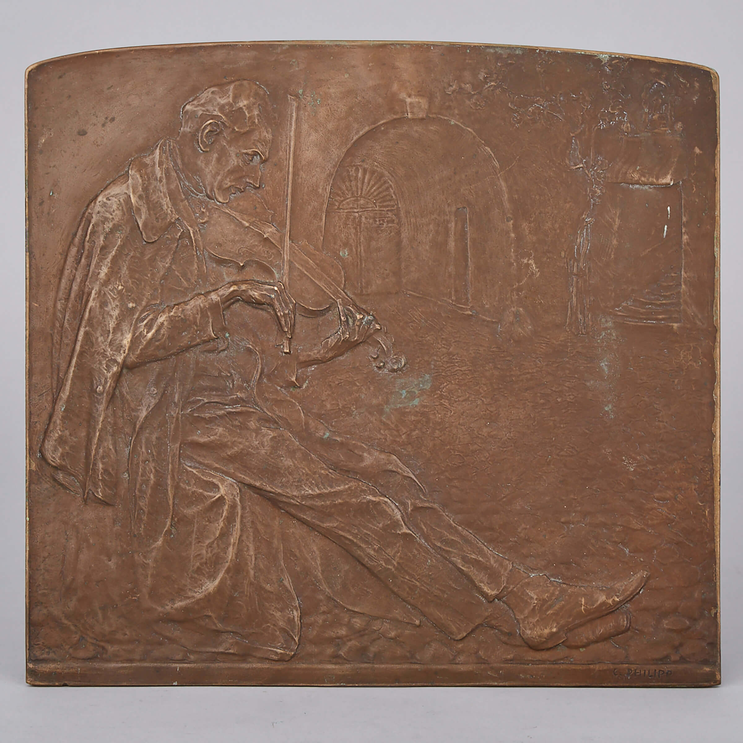 French School Bronze Relief Monument Plaque of a Gentleman Playing a Violin, early 20th century