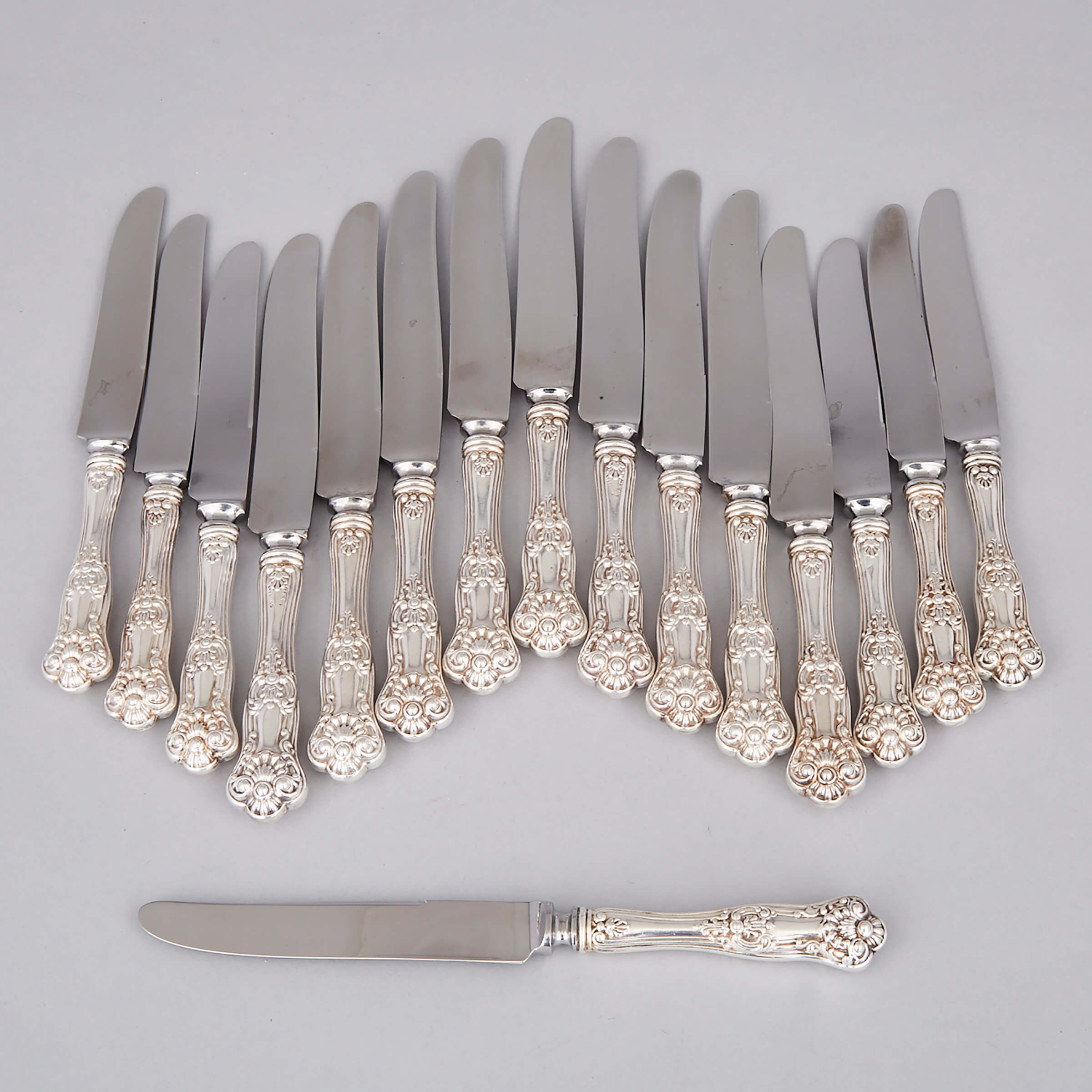 Nine Canadian Silver ‘Queens’ Pattern Dinner Knives and Seven Luncheon Knives, Roden Brothers, Toronto, Ont., early 20th century
