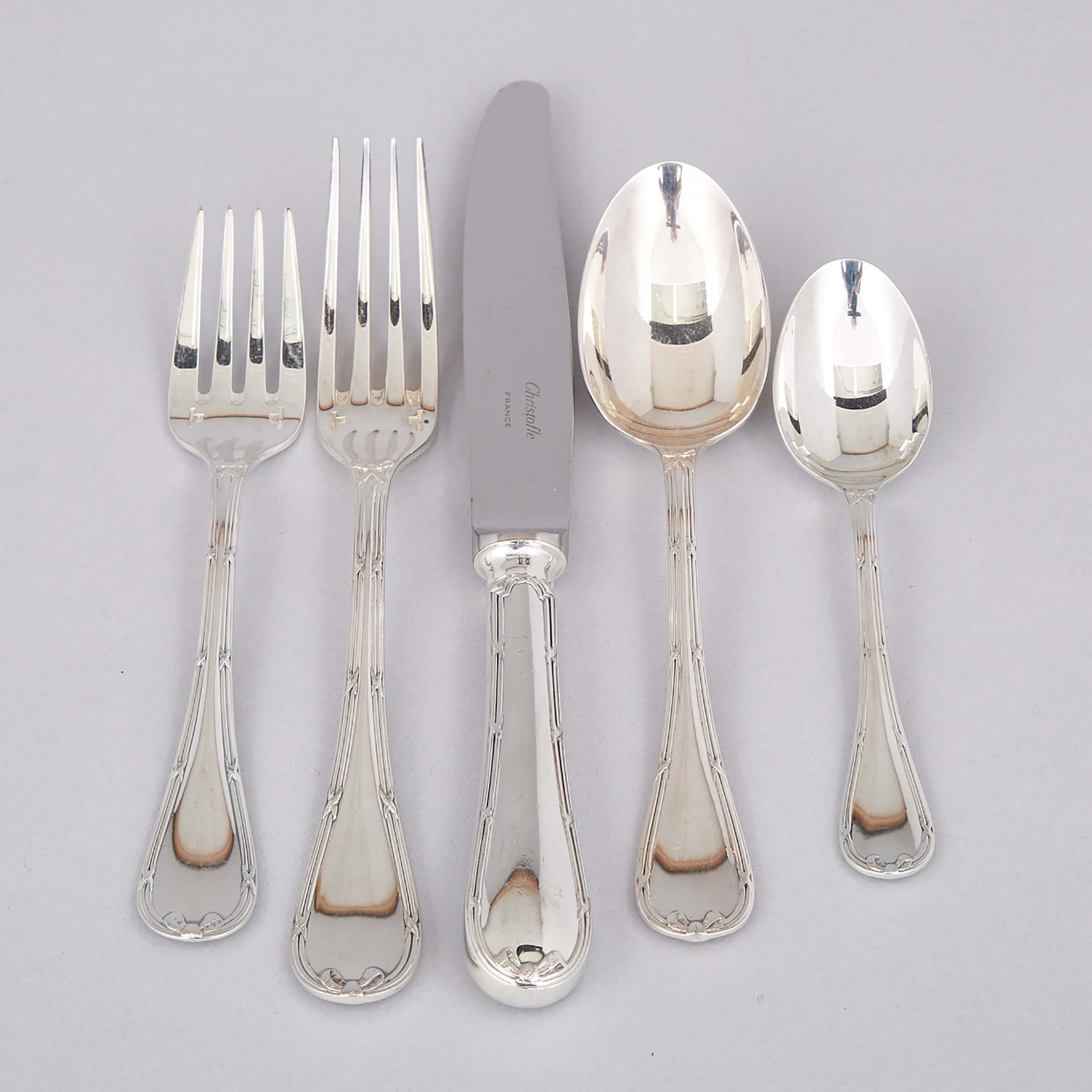French Silver Plated ‘Rubans’ Pattern Flatware Service, Christofle, 20th century