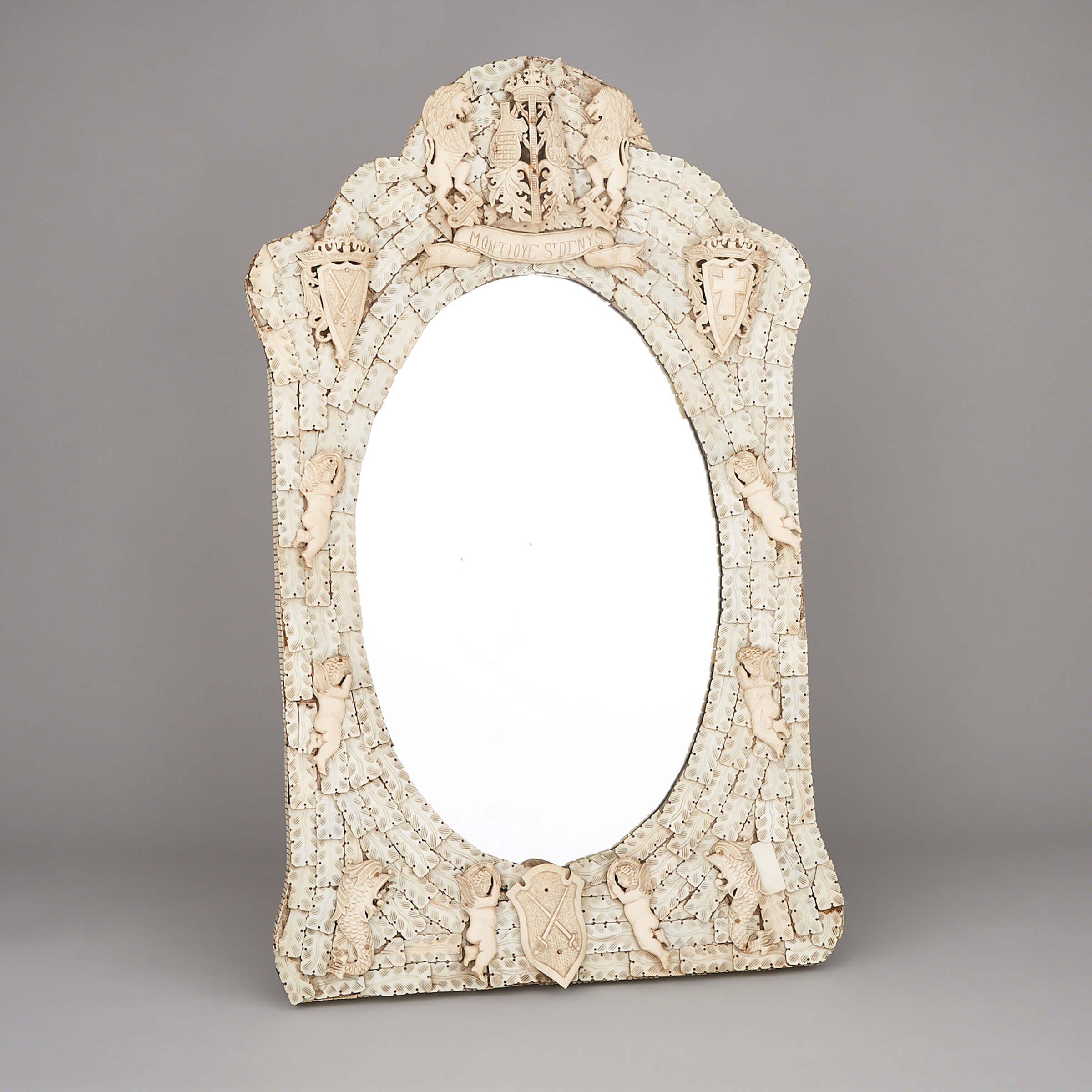 French Dieppe Carved Bone Mounted Mirror, 19th century 