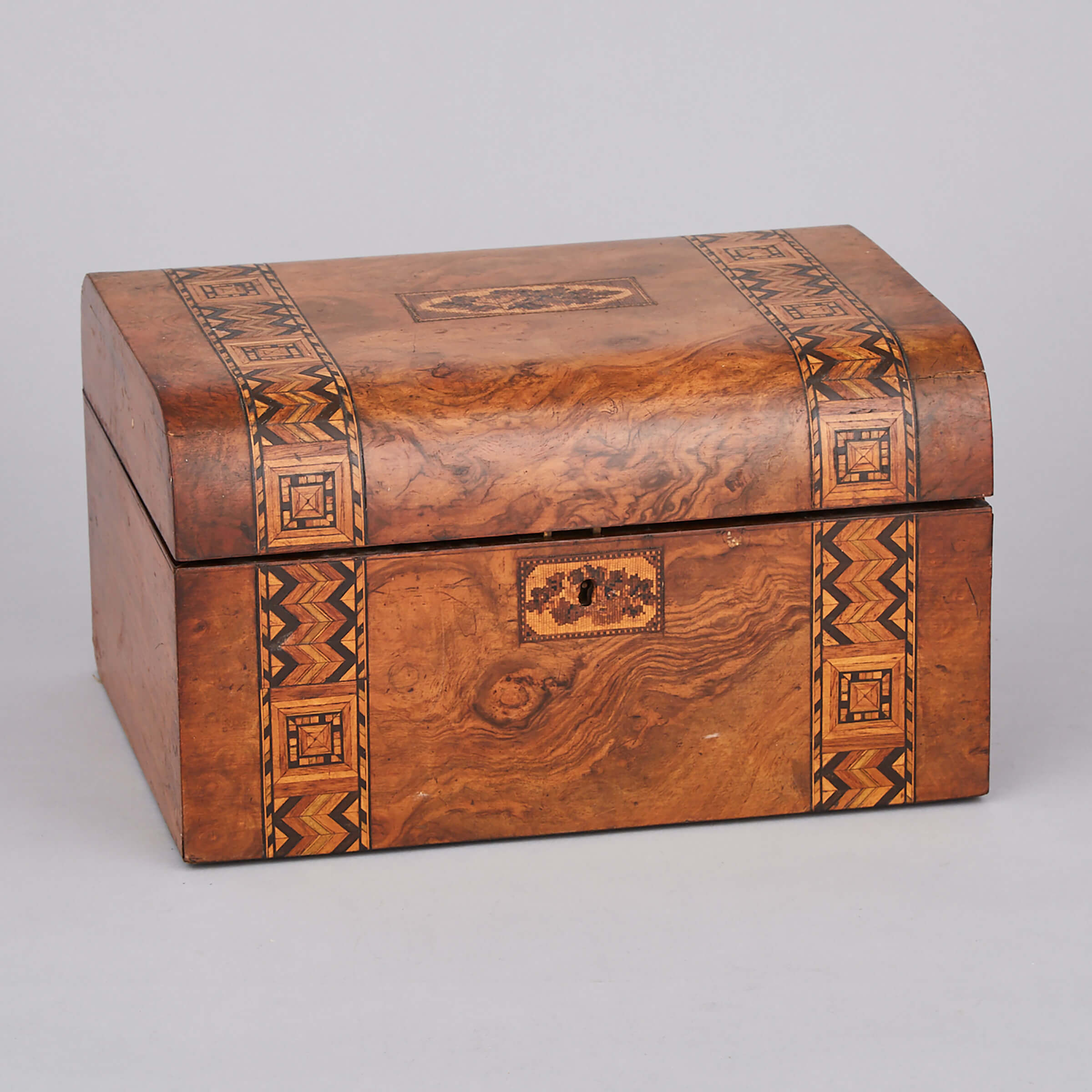 Victorian Lady’s Tunbridge Ware Burl Walnut Travelling Case, late 19th century