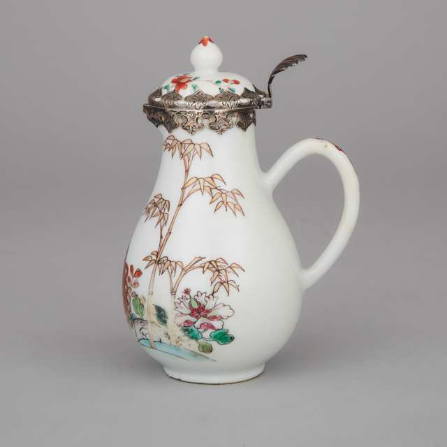 Silver Mounted Chinese Export Porcelain Covered Cream Jug, mid-18th century