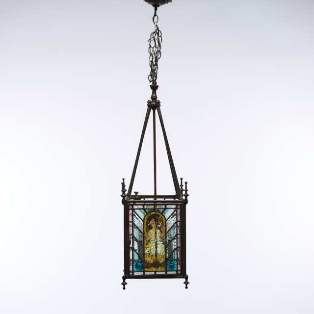 Victorian Renaissance Revival Stained and Leaded Glass Hanging Lantern Hall Fixture, 19th century