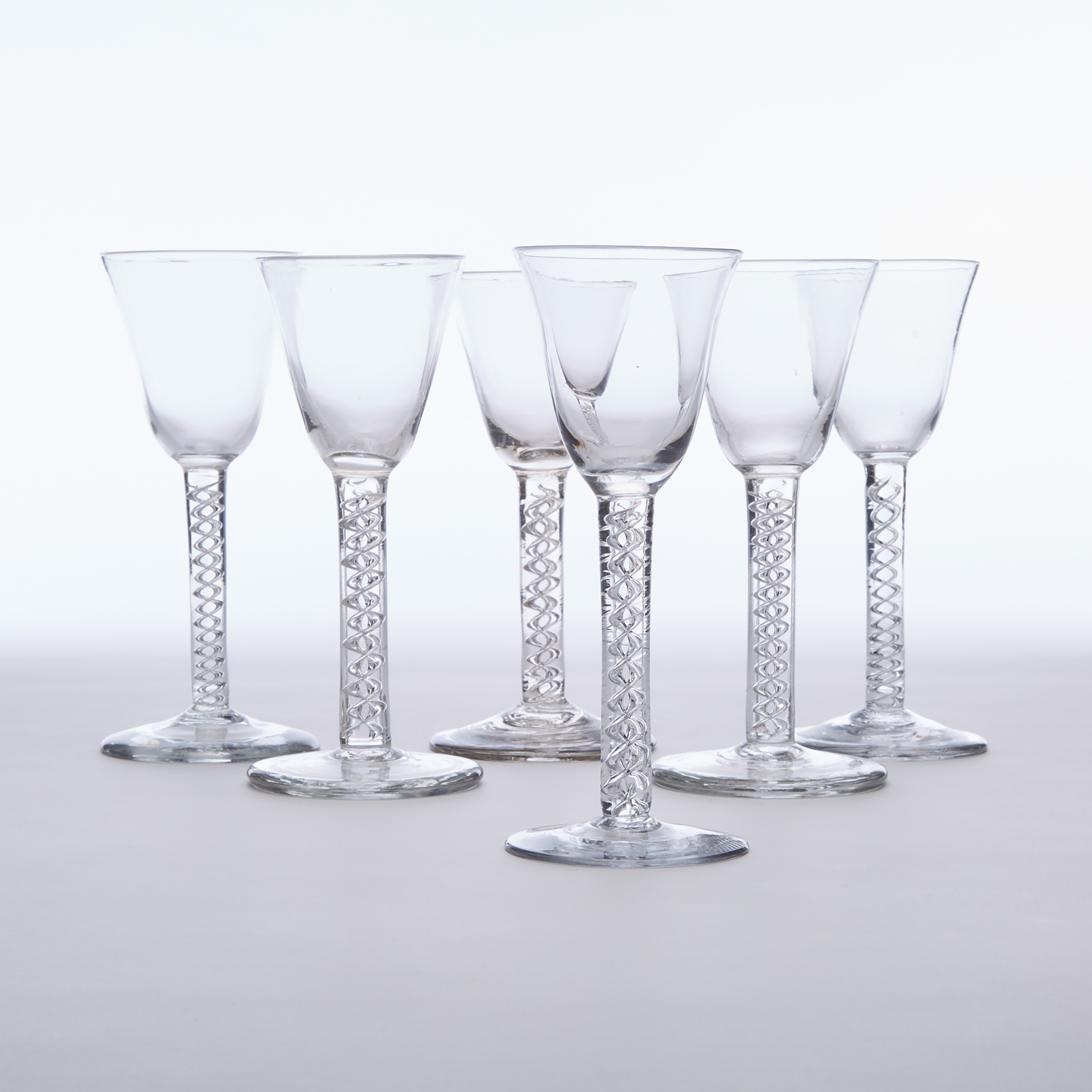 Six English Air Twist Stemmed Wine Glasses, mid-18th century