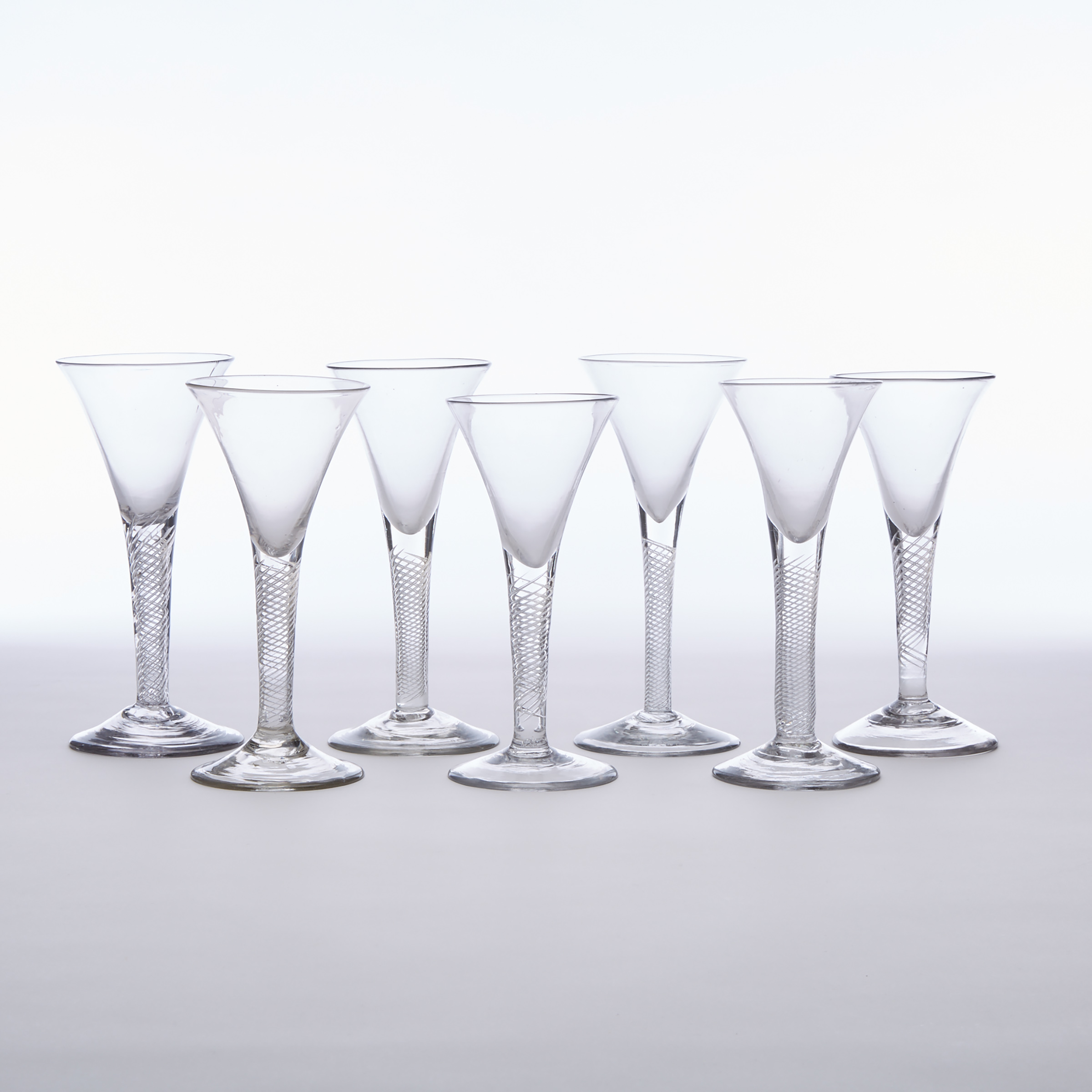 Seven English Air Twist Stemmed Large Wine Glasses, mid-18th century