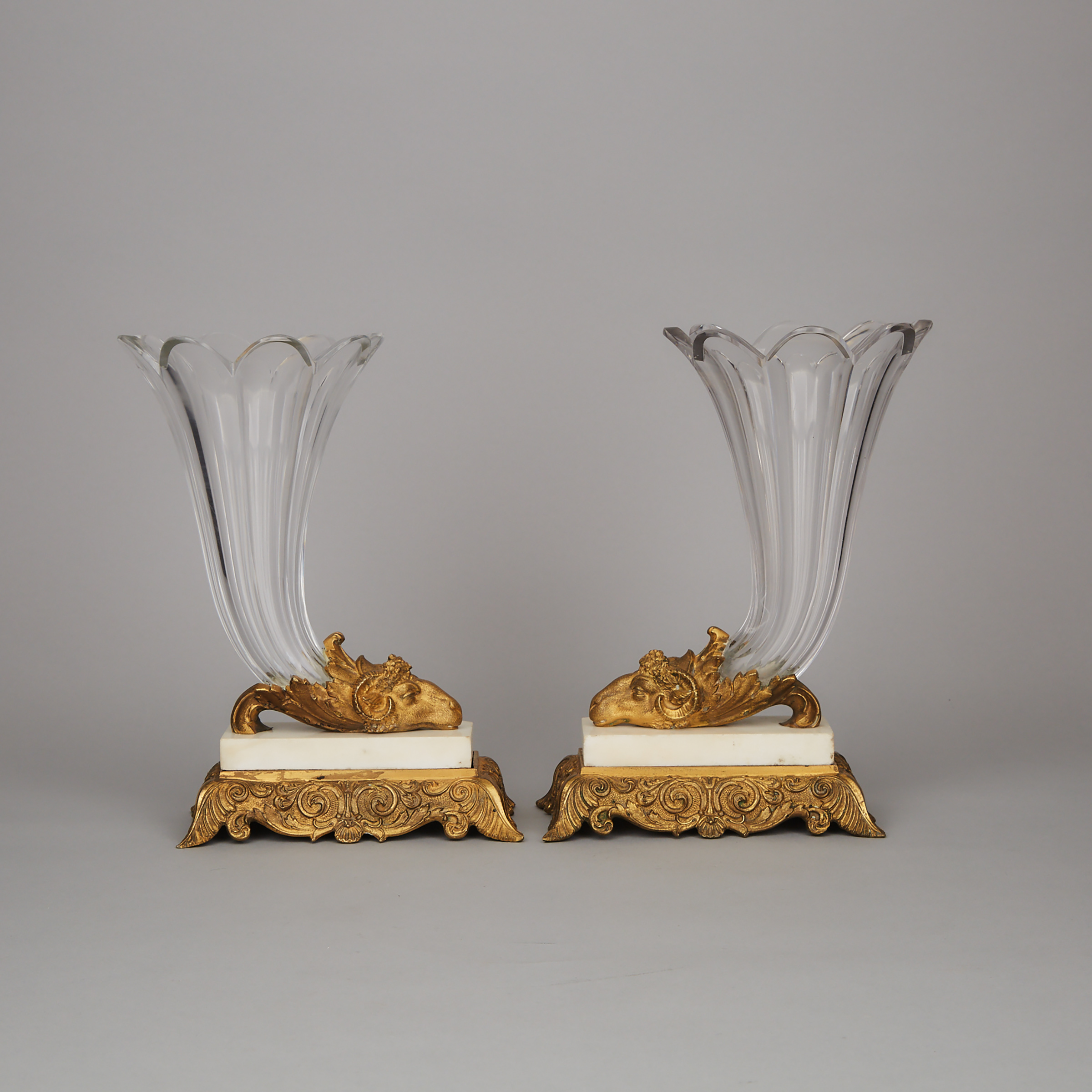 Pair of Victorian Cut Glass, Gilt Bronze and Marble Cornucopia Vases, 19th century