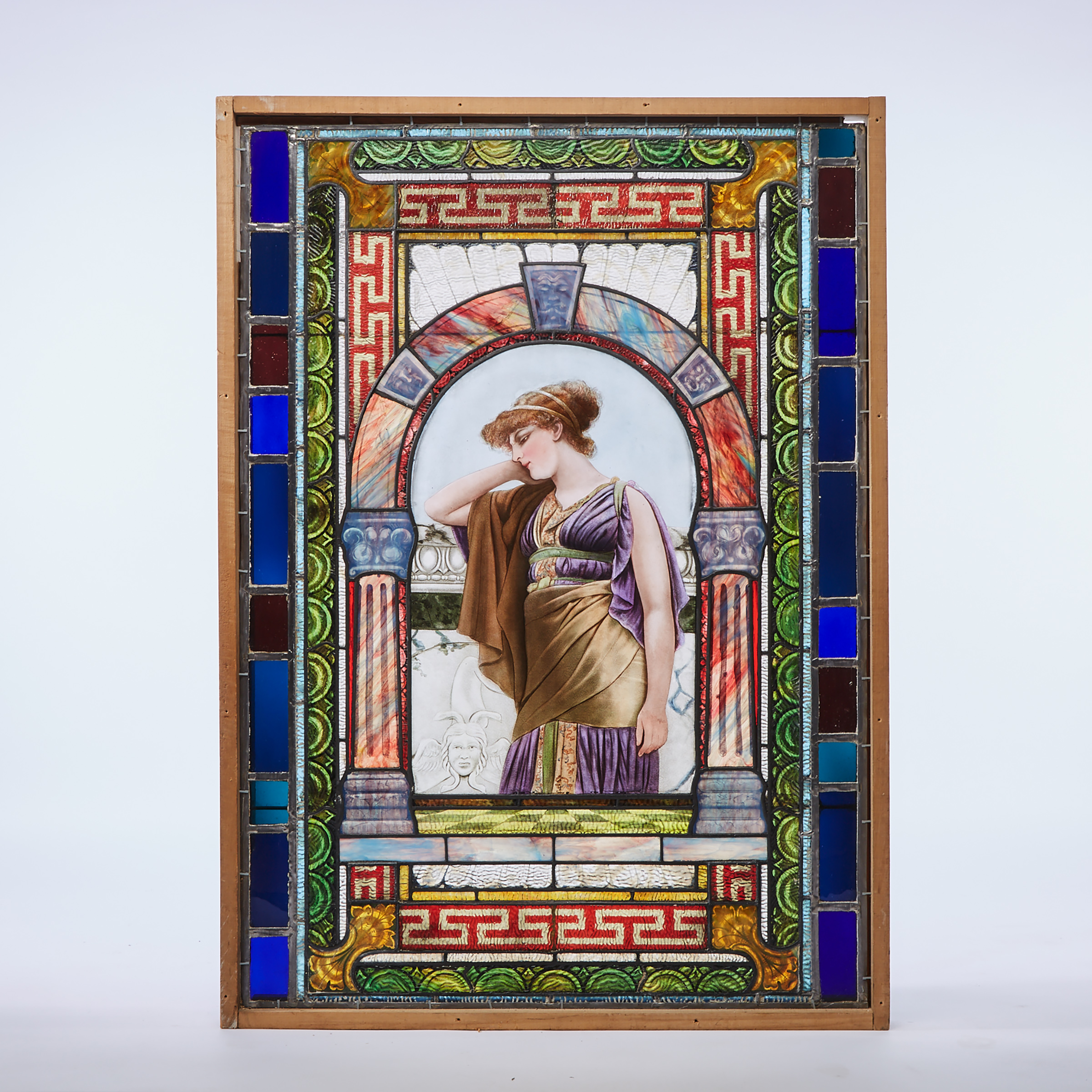 Victorian Neoclassical Stained Glass WIndow Panel, late 19th century