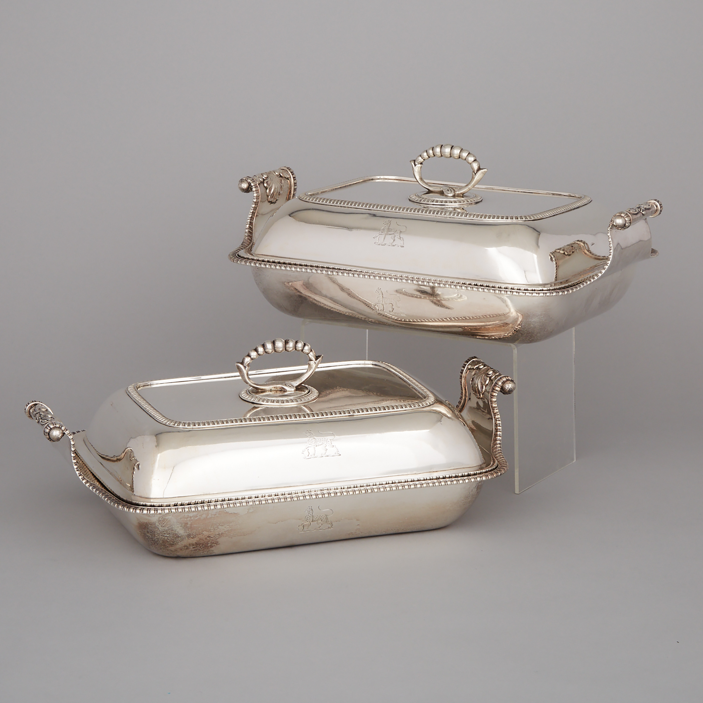 Pair of George III Irish Silver Covered Entrée Dishes, James Le Bas and James Scott  for William Hamy, Dublin, 1810