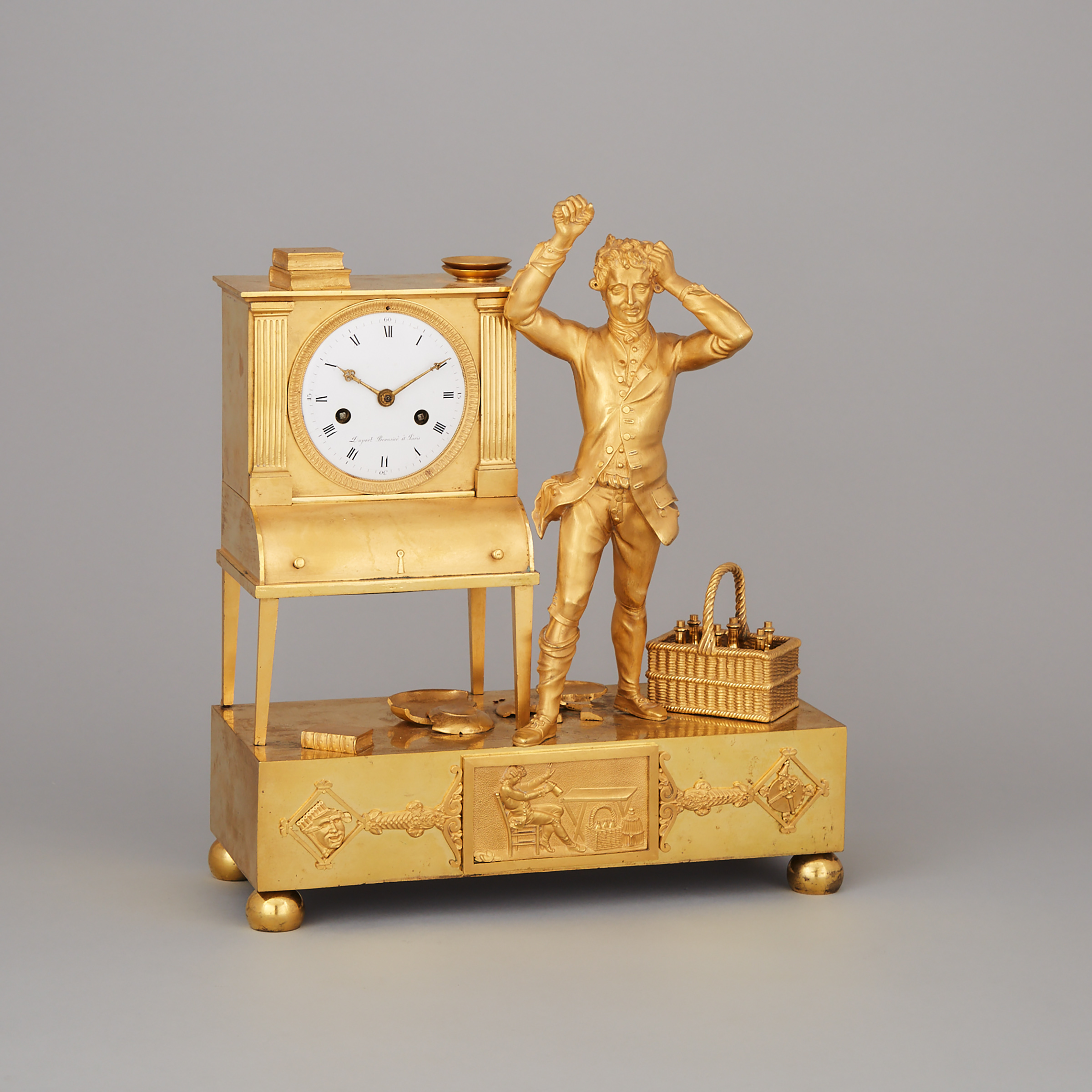 French Gilt Bronze Figural Mantel Clock, Duport Bronsiers à Paris, c.1810