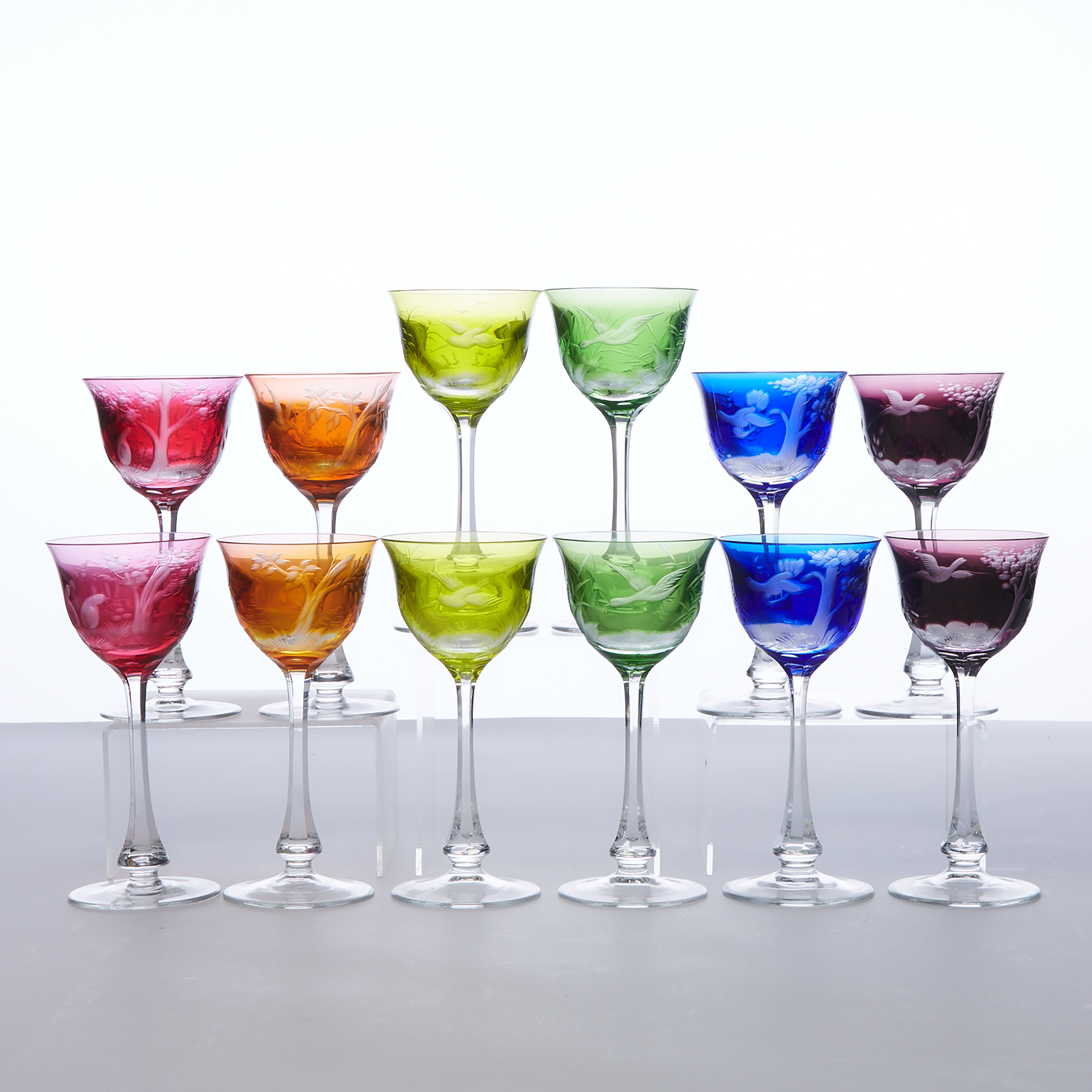 Set of Twelve Moser Colour Overlaid, Cut and Engraved Glass Hock Wine Goblets, 20th century