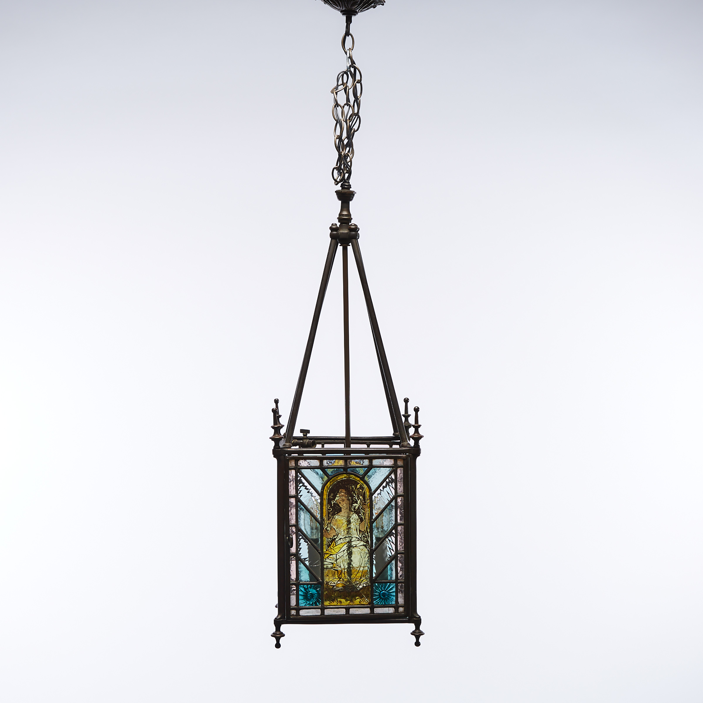 Victorian Renaissance Revival Stained and Leaded Glass Hanging Lantern Hall Fixture, 19th century
