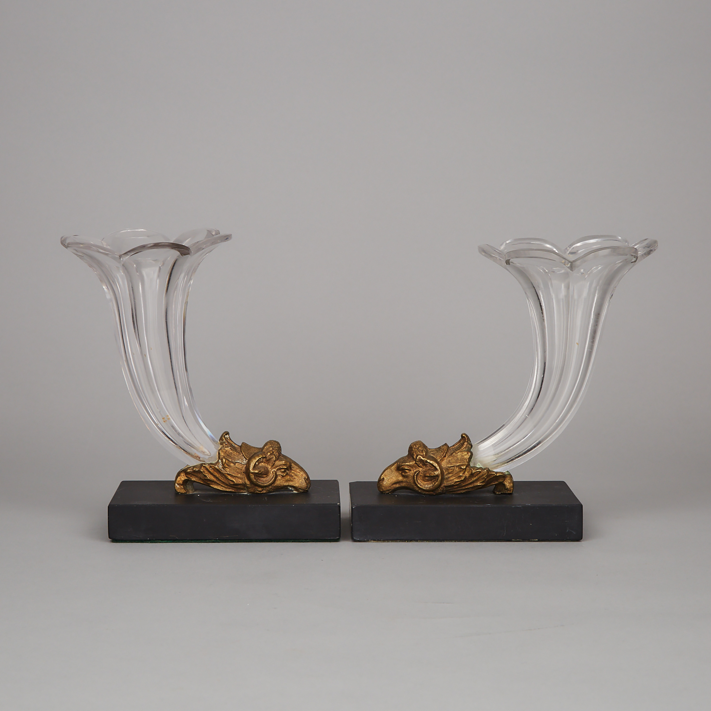 Pair of Victorian Cut Glass, Gilt Bronze and Black Slate Cornucopia Vases, 19th century