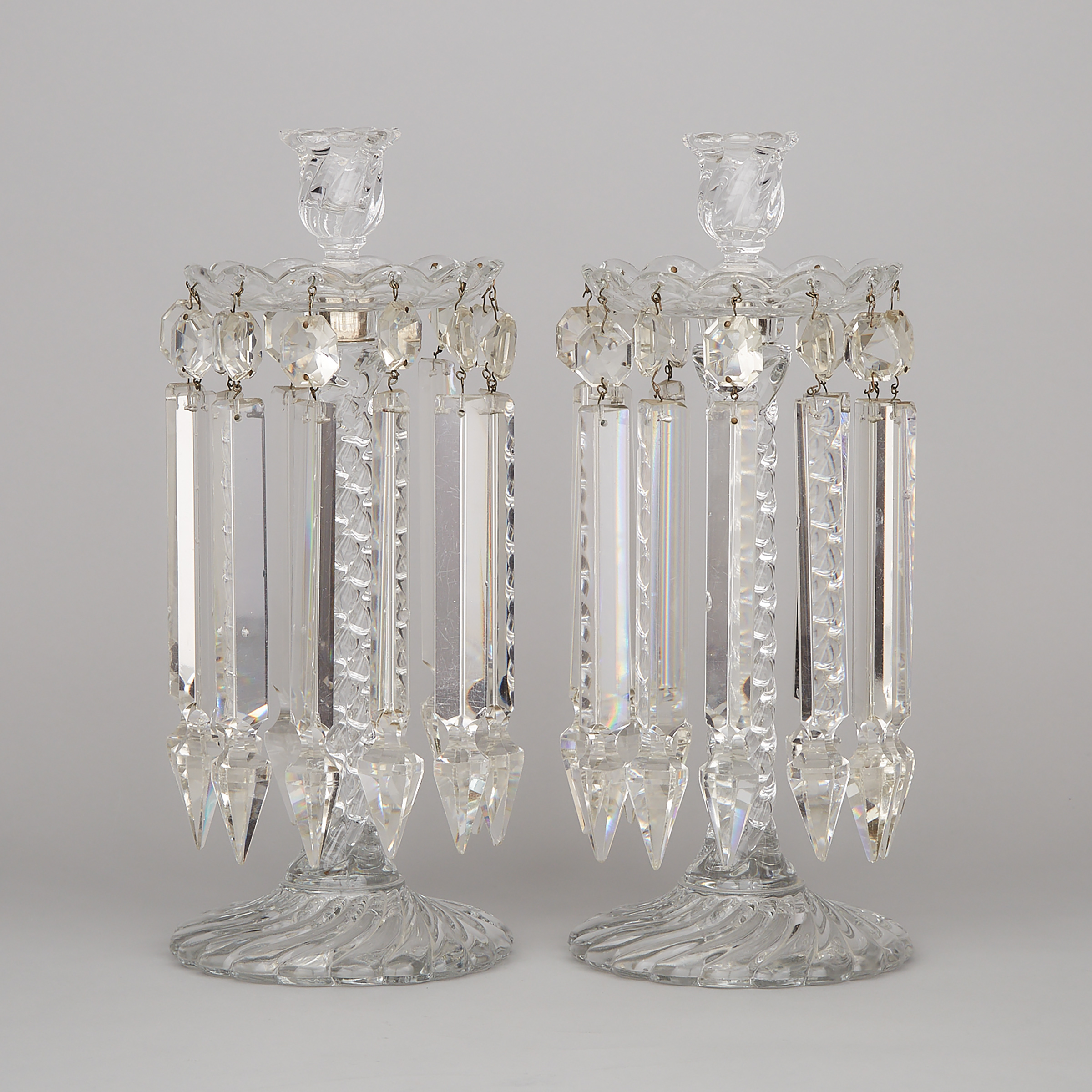 Pair of French Moulded Glass Lustre Candlesticks, late 19th century