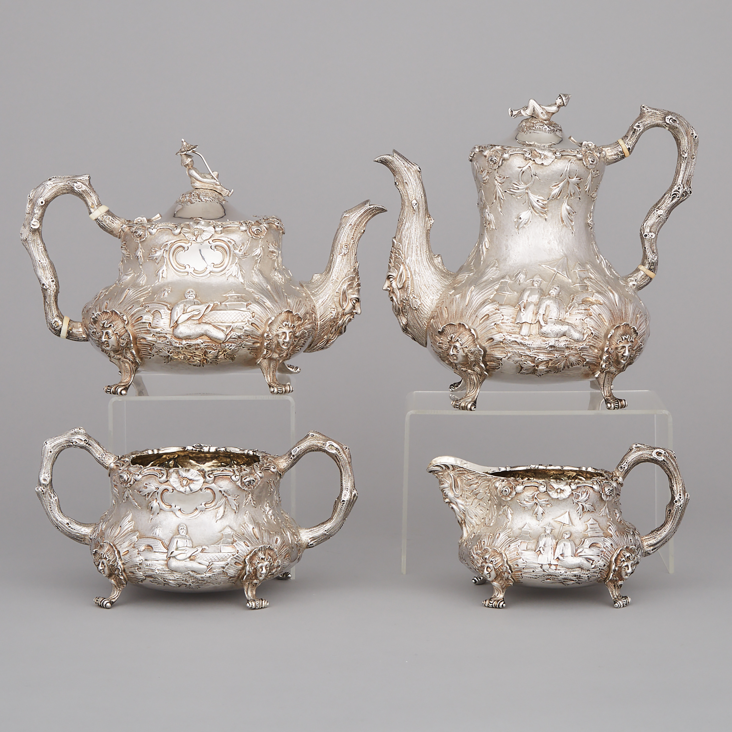 Victorian Silver Chinoiserie Tea and Coffee Service, William Ker Reid, London, 1847
