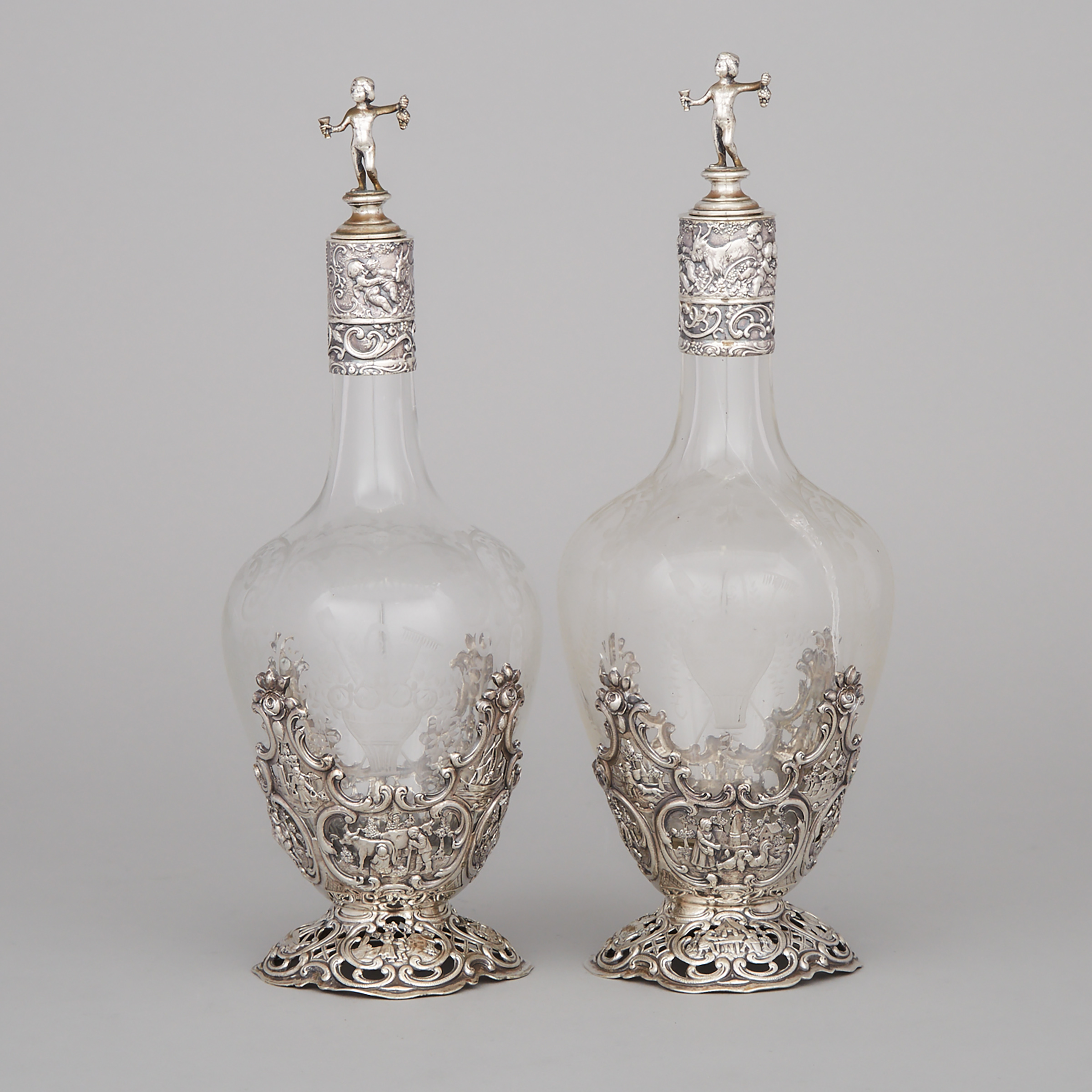 Pair of German Silver Mounted Etched Glass Decanters, probably J.D. Schleissner & Söhne, Hanau, c.1900
